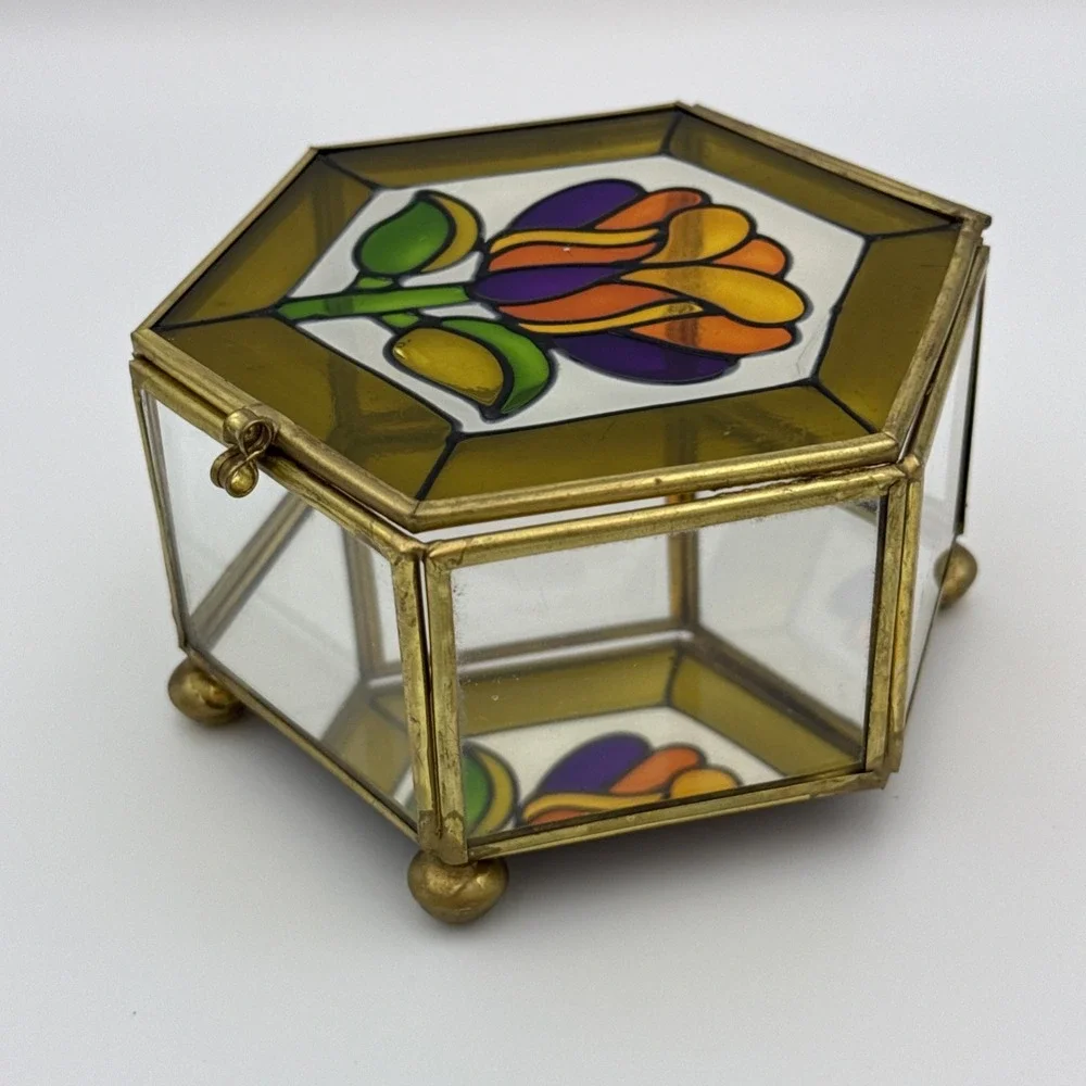Stained Glass Mirror Brass Footed Trinket Box Flower Vintage Vanity Dresser